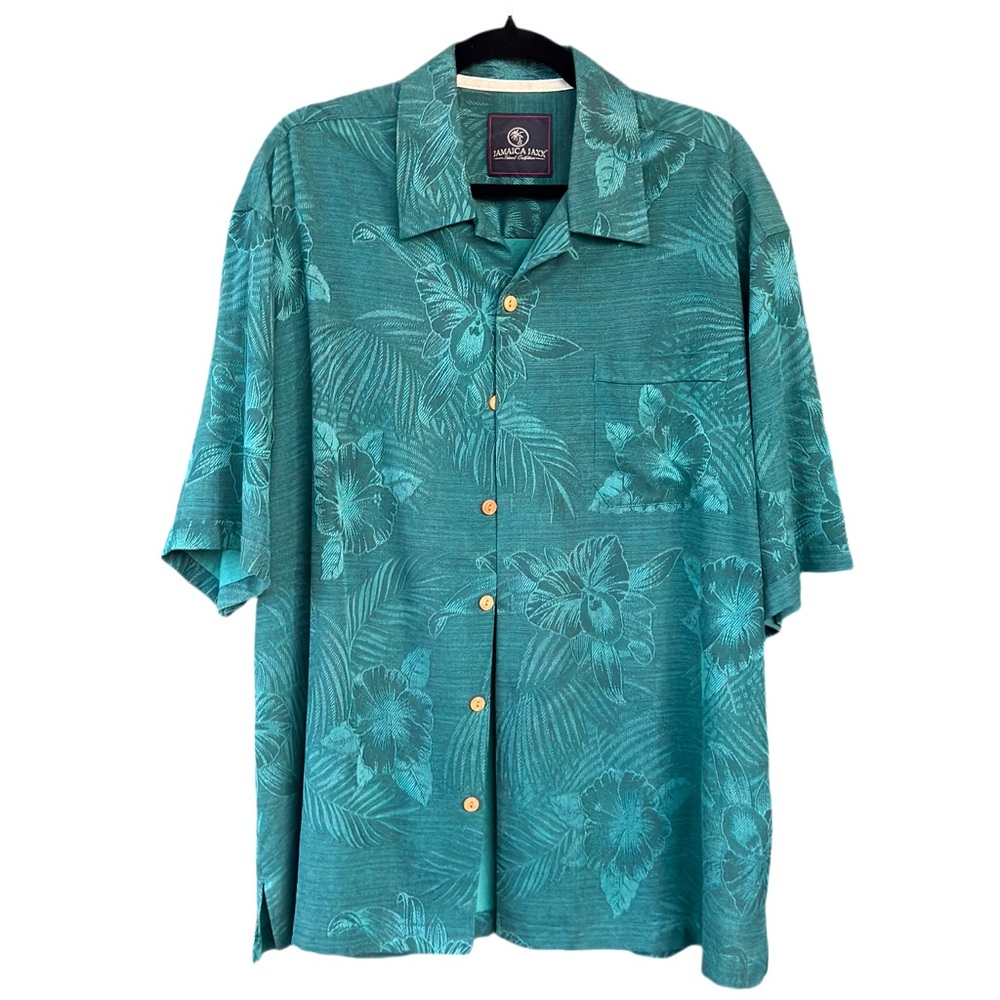 Jamaica Jaxx 100% Silk Men's Green Tropical Hawaiian Button Up Shirt Size Large